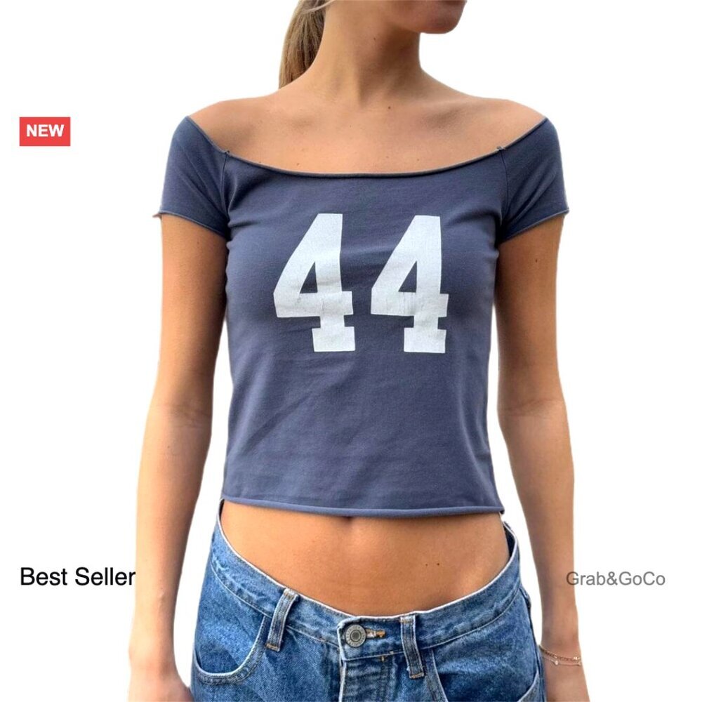 Off Shoulder Jersey Baby Tee Y2K Slim Fit Graphic Number Streetwear Going Out